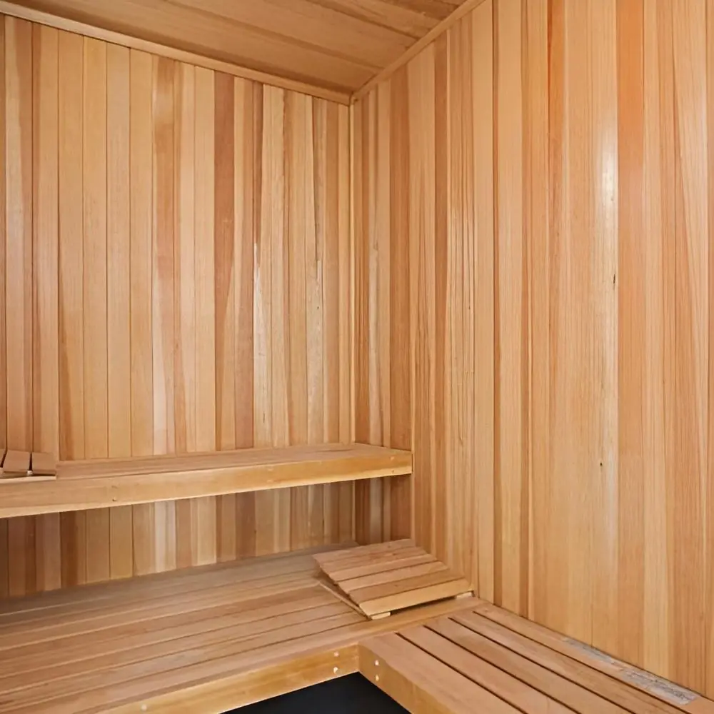 wooden sauna interior with benches at safe haven recovery luxury rehab