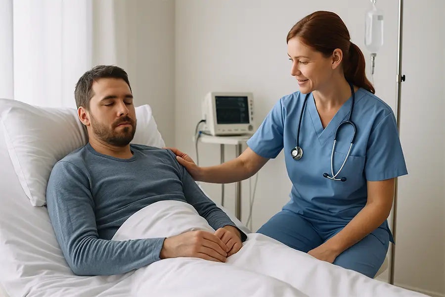 A nurse comforts a male patient lying in bed, who may be showing signs of drug withdrawal and needs support